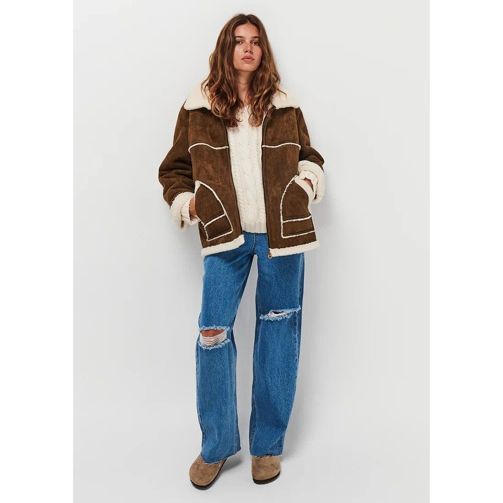 Ghanda Sherpa Aviator Jacket Brown Faux Suede Full Zip Size Large